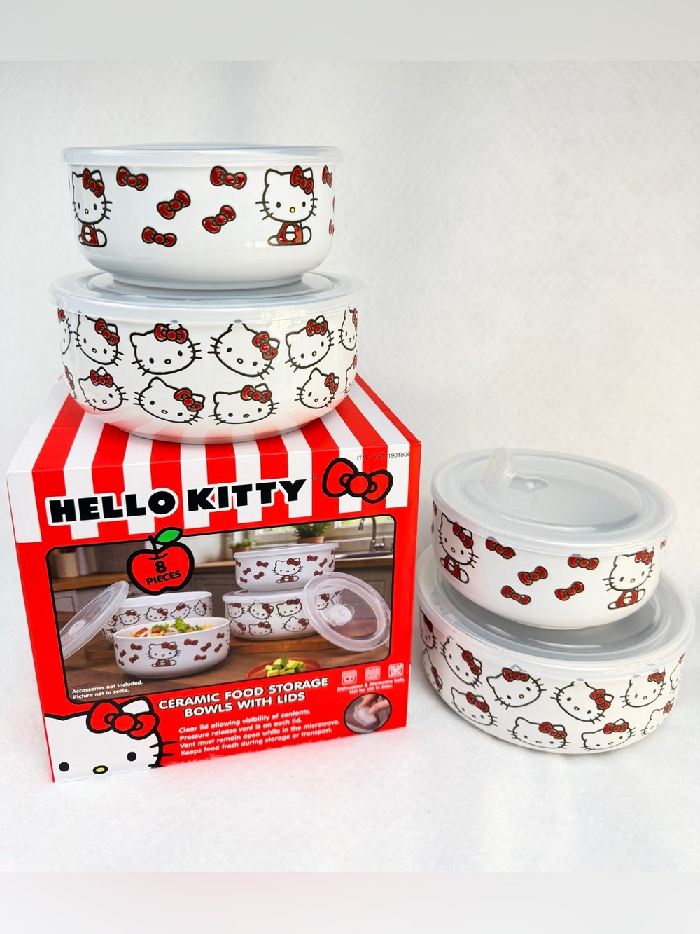 Hello Kitty White Ceramic Bowls with Red Bow Accents &  Lids - 8 Piece Set